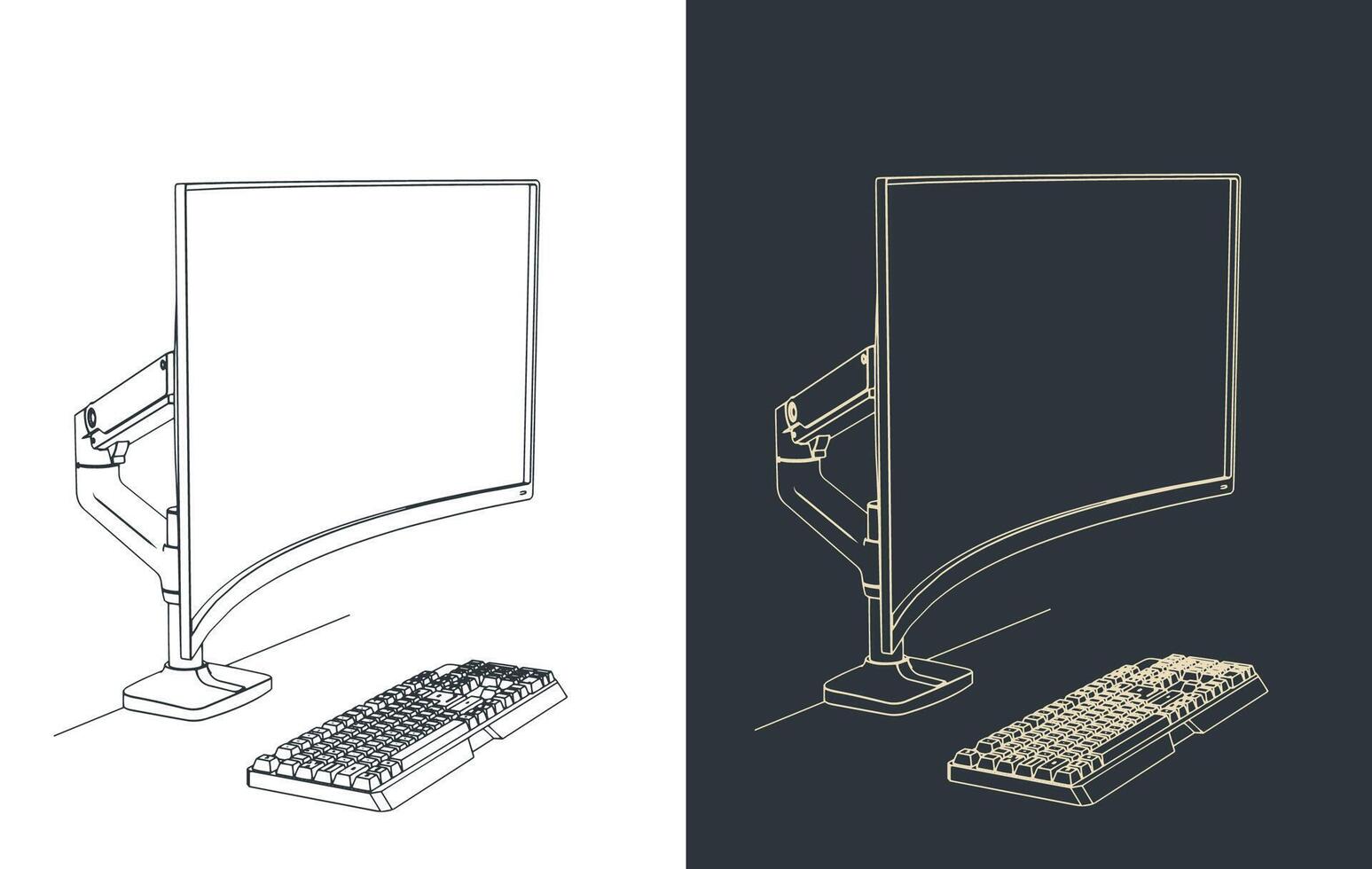 Curved monitor on arm stand with a mechanical keyboard close-up vector
