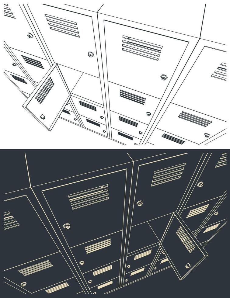 Metal storage lockers close up sketches vector