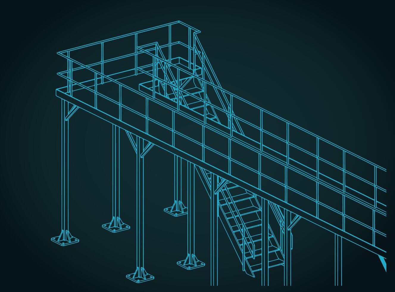 Industrial steel platform and stairs isometric blueprint vector