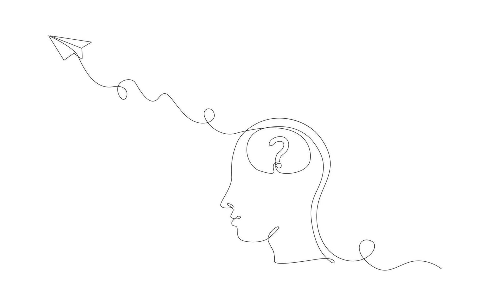 Continuous one line Mind and plane outline idea in brain head of human motion to target on airplane vector