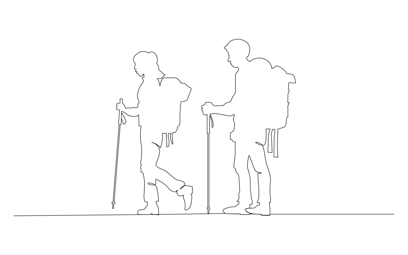Continuous one line drawing couples hiking man woman traveling in outdoor vector