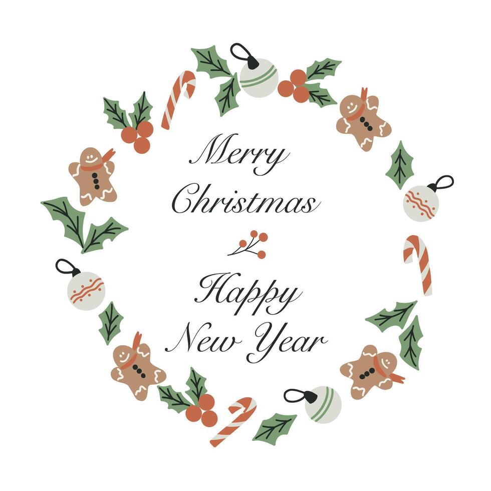Christmas card with lettering calligraphy and wreath. Christmas wreath with tree balls, gingerbread man, candy and rowan. Merry Christmas and Happy New Year. Hand drawn illustration vector