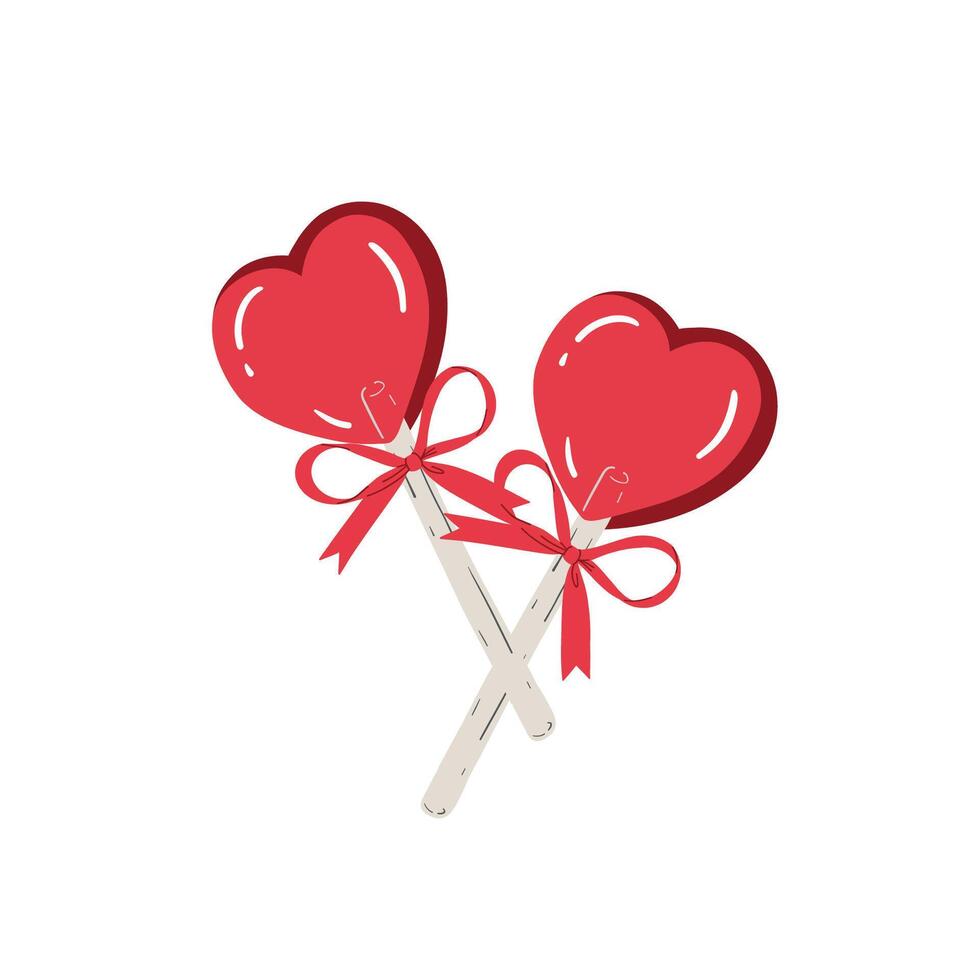 Heart shaped red lollipops with bows. Sweet candy. Greeting card of Valentine's Day, Women's Day, holiday, wedding. Hand drawn illustration vector