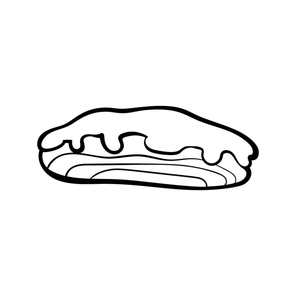 Minimalist doodle of an eclair with shiny glaze and cream filling. Clean, outlined style. Ideal for bakery designs, dessert menus, or sweet-themed products. Flat illustration. vector