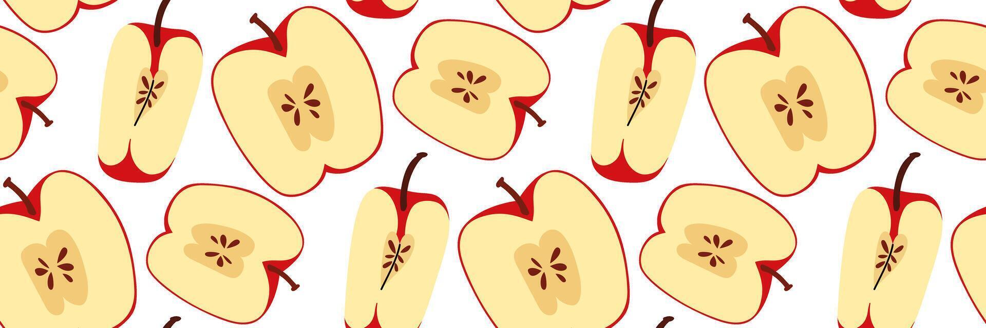 Seamless pattern with red apple. Sliced in half showing pit and quarter of an apple. Summer and autumn garden background. Perfect for textile, menu, packaging, kitchen design. Flat illustration vector