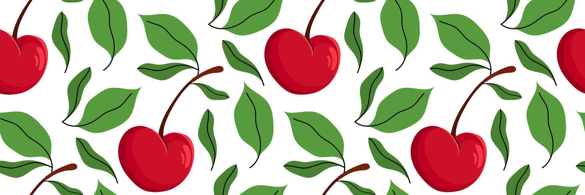 Seamless pattern with red cherry and green foliage. Spring garden background. Harvest, farm and agriculture. Perfect for textile, menu, packaging, kitchen design. Flat illustration. vector