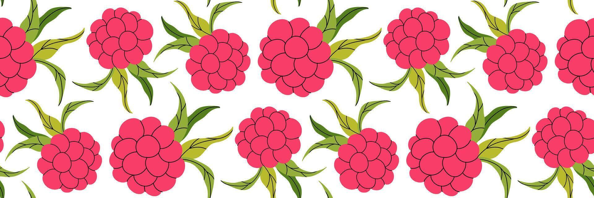 Pink raspberry with leaves seamless pattern. Spring garden background. Summer berry menu, cold drinks. Perfect for textile, menu, packaging, kitchen design. Flat illustration. vector