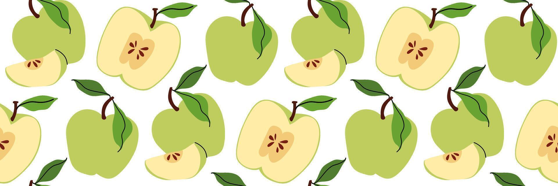 Seamless pattern with green apples, whole and one sliced in half showing pit. Spring garden background. Perfect for textile, menu, packaging, kitchen design. Flat illustration. vector