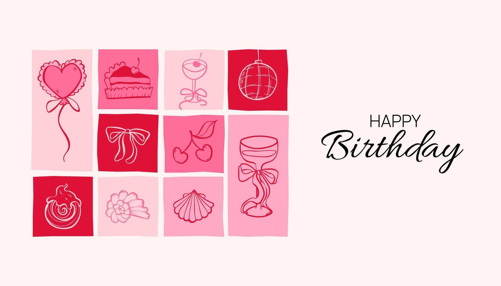Birthday celebration banner with festive doodles. Cake, drinks, and party sketch elements. Wedding, holiday, party decoration background. Coquette Aesthetic style. Elegant illustration. vector