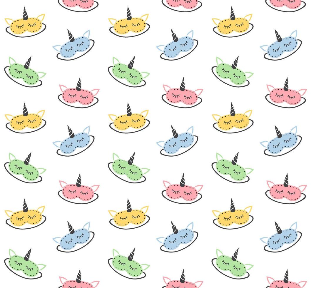 Seamless pattern of flat cartoon unicorn sleeping masks vector