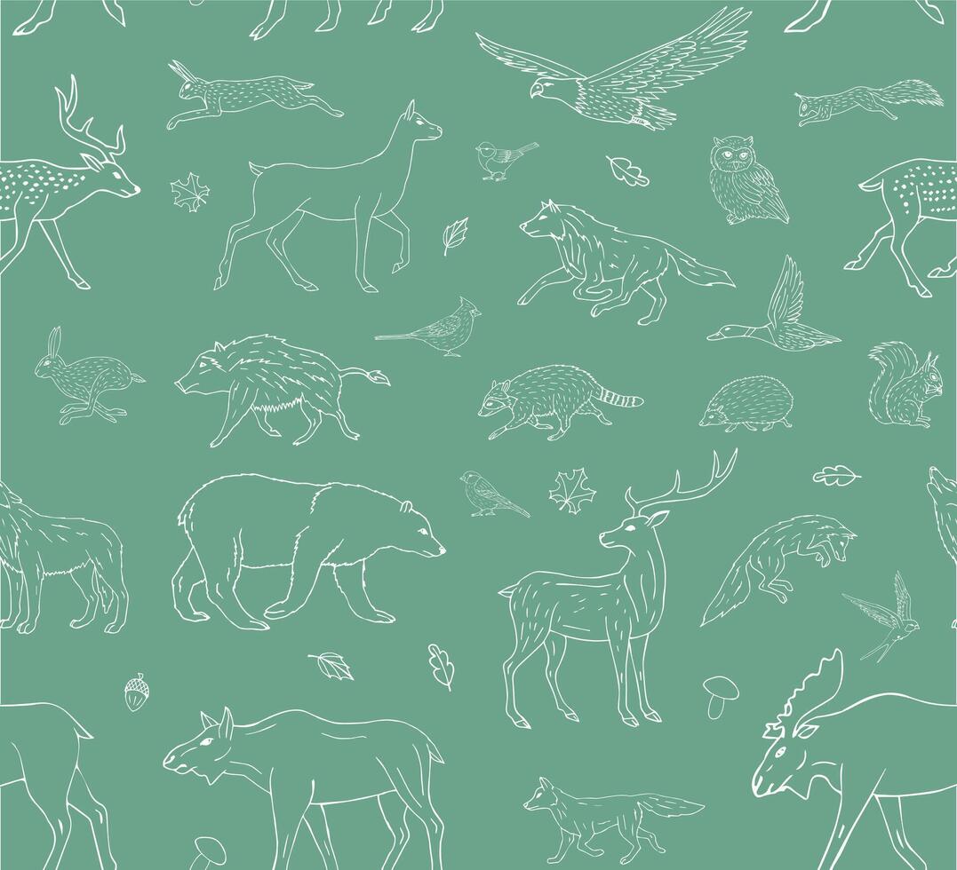 Seamless pattern of doodle sketch wild forest animals isolated on white background vector