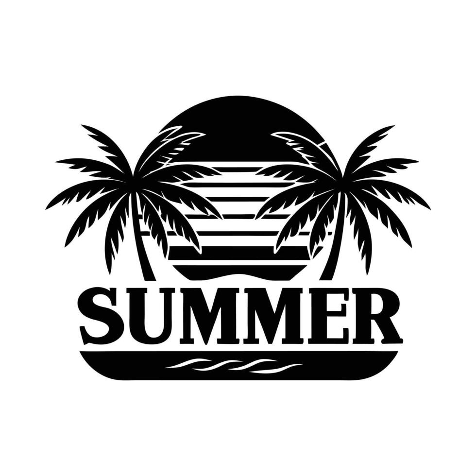 Tropical Beach Summer Vacation Icons Palm Trees, Sun, Waves, Surf Elements Black Silhouette Style Set vector