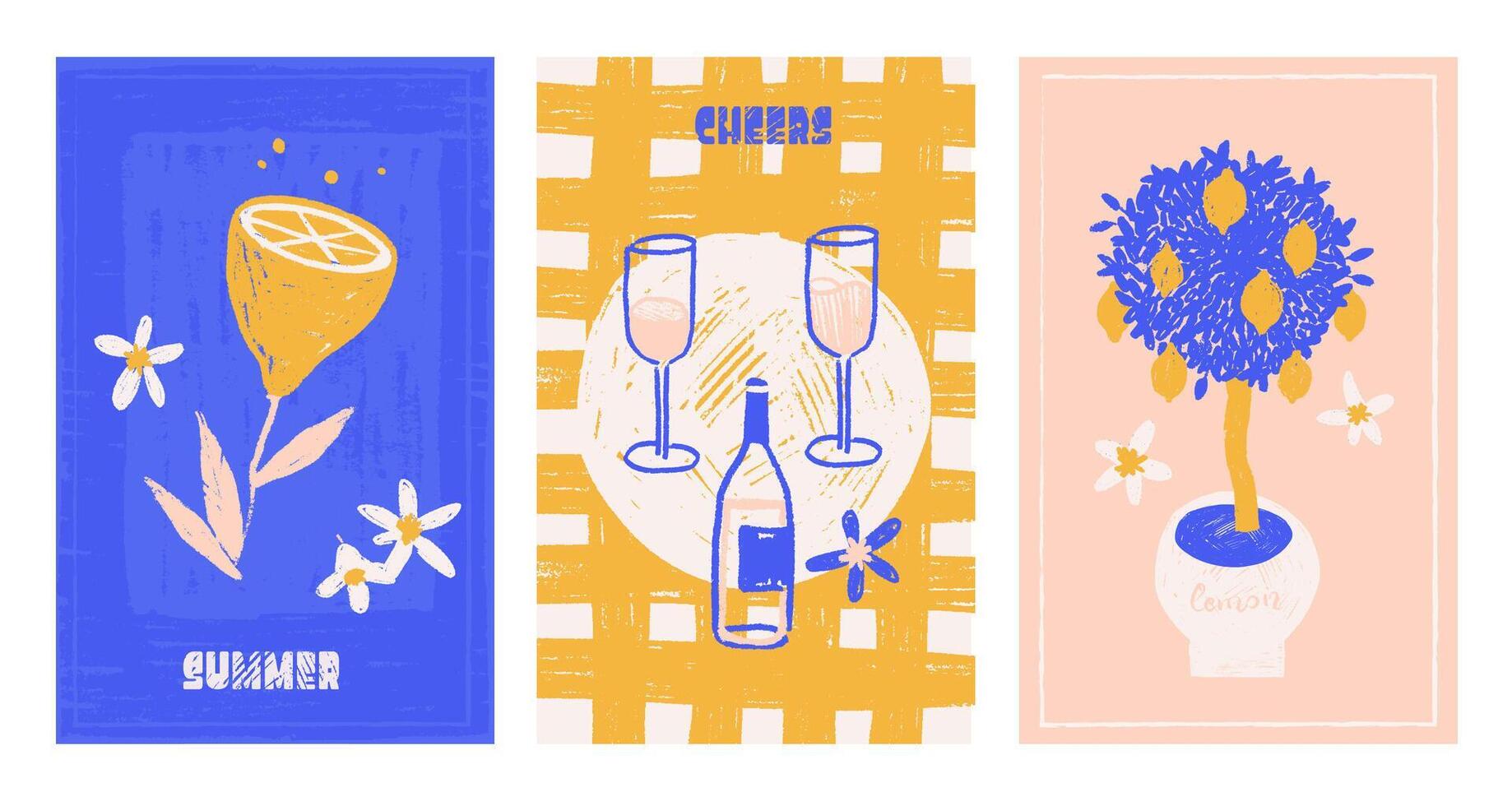 Italian summer vacation doodle style cards or covers set. Pencil or chalk hand drawn Italy lemons and wine print elements. Sea weekend or rest collection for invitations to beach party, picnic. vector