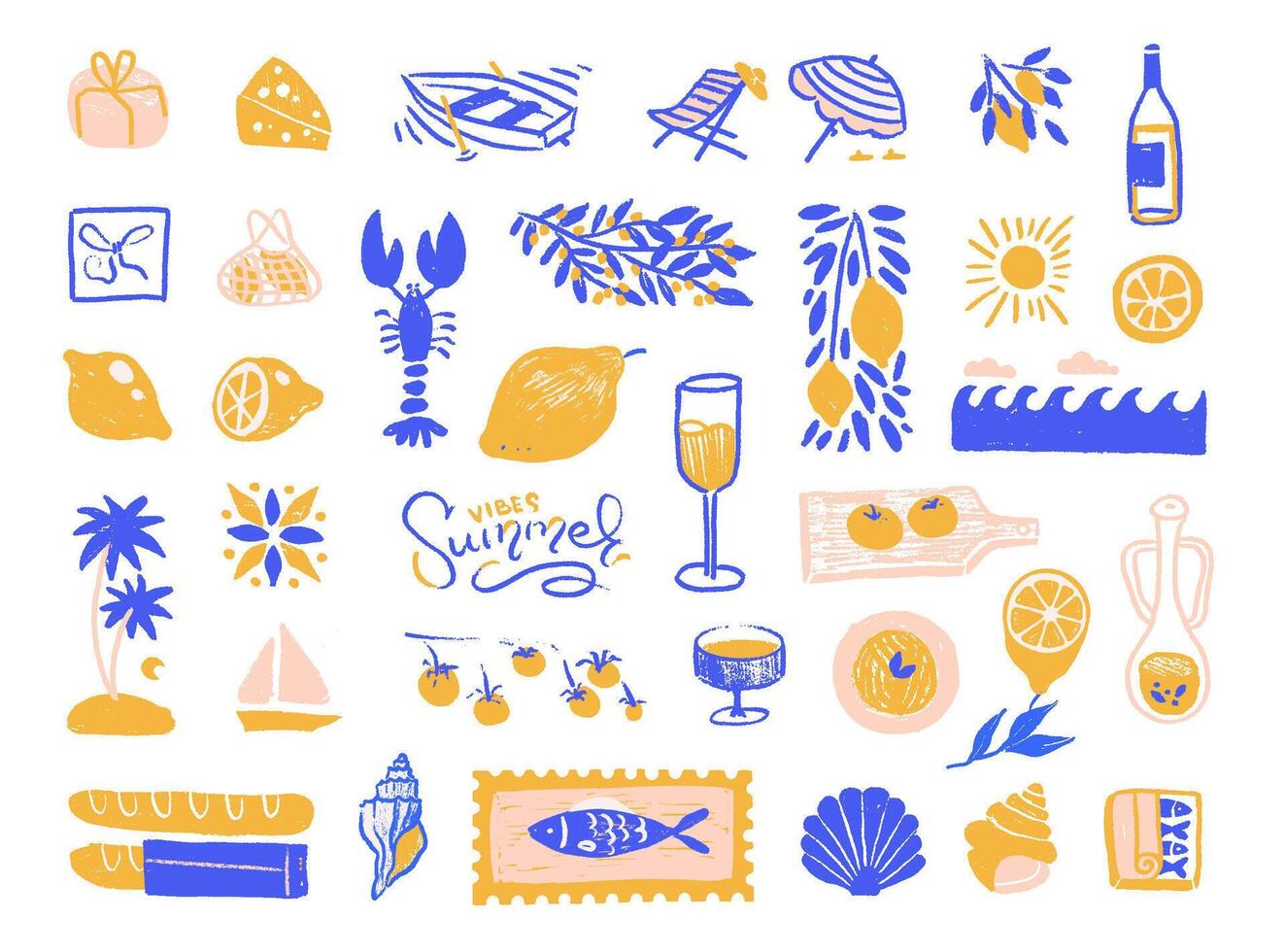 Italian style vacation hand drawn hatching illustrations set in hand drawn style with doodle sketch elements. Lemons, wine and pasta in dolce vita style. Pencil drawings for poster, placard. vector