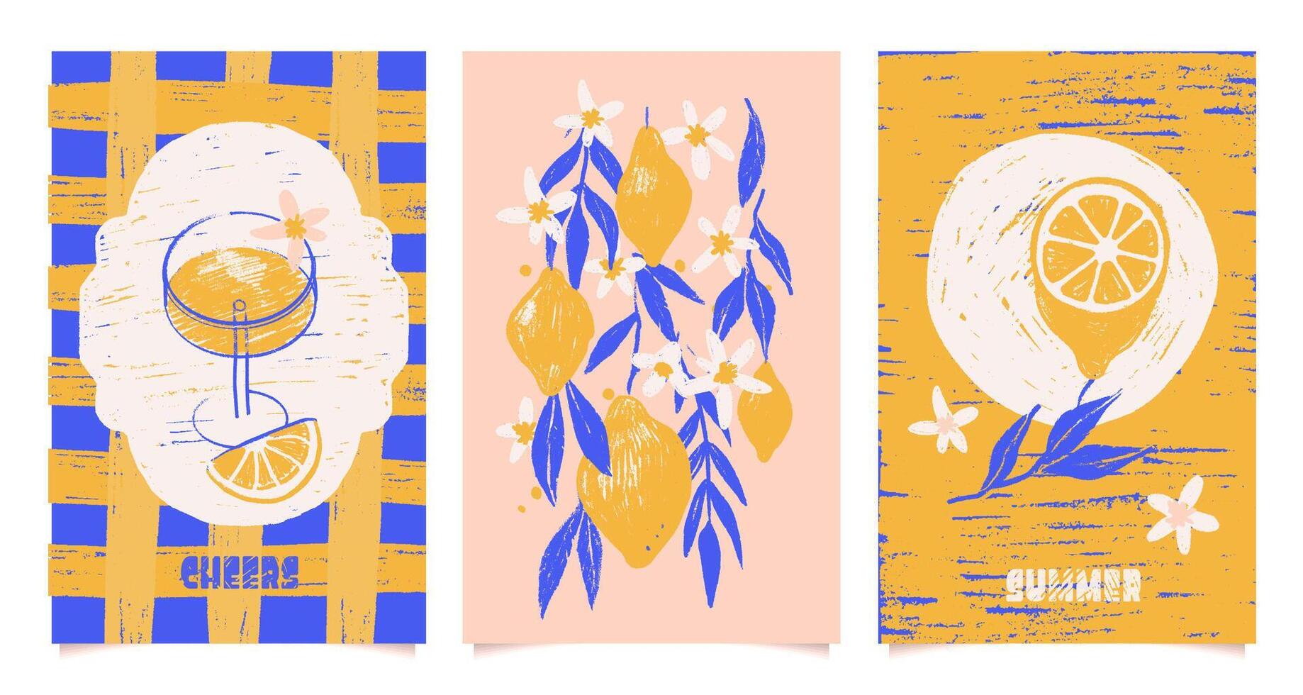 Set of citrus fruits abstract posters. Vintage amalfi print with hand drawn lemon, leaves, flowers and beach cocktail. Minimalist pencil hand drawn art. Italian summer vacation. Elegant design vector