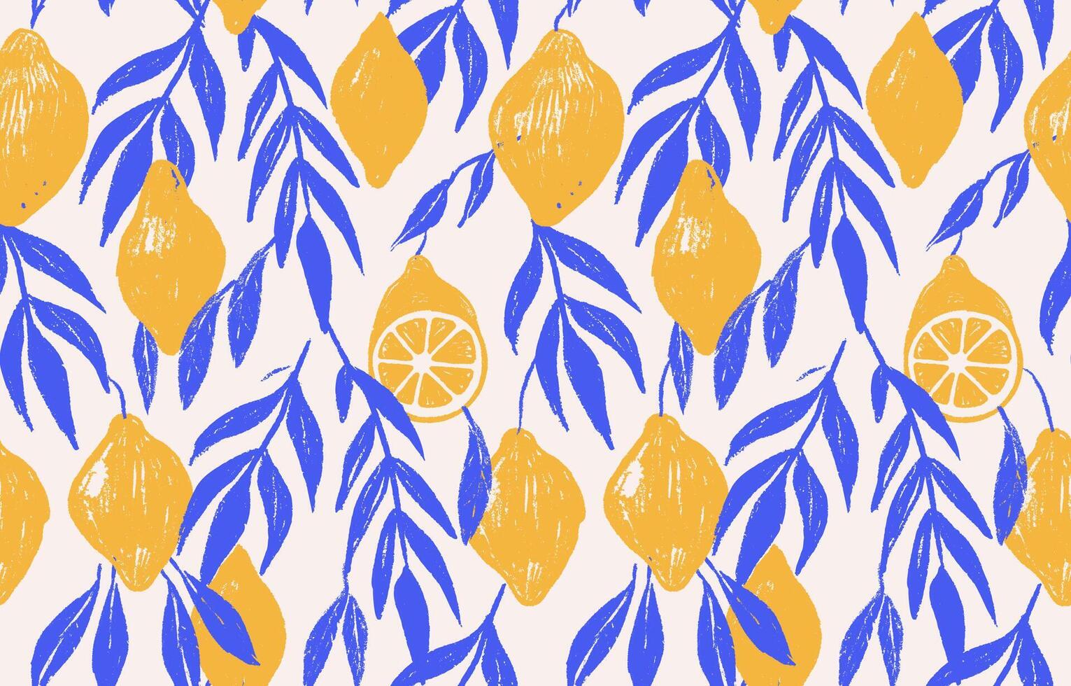 Amalfi seamless pattern with Mediterranean lemon motifs in yellow and blue. Pencil Hatching textured design elements of fruit with leaves. Elegant prints for textiles. Hand drawn illustration. vector