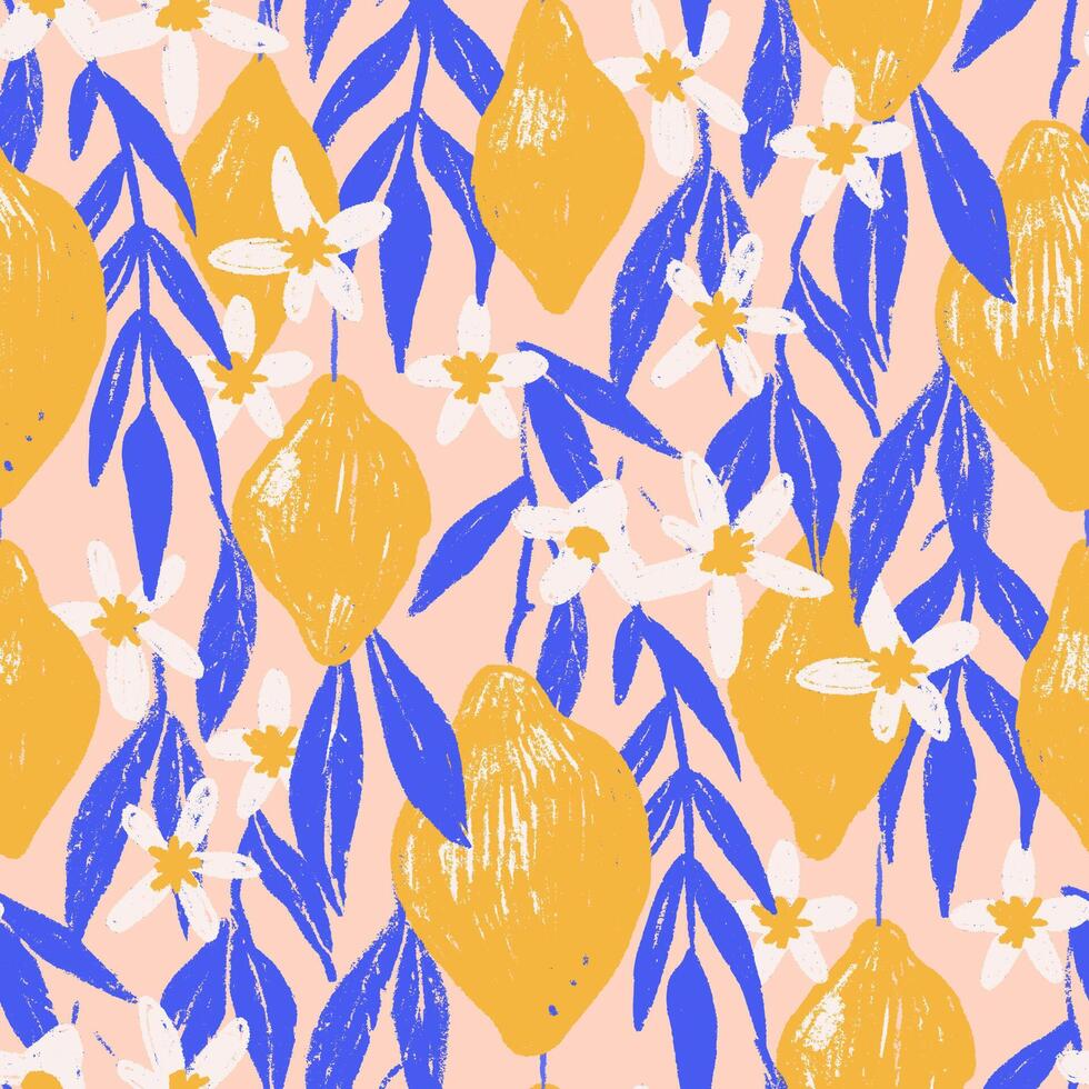 Hand drawn vintage seamless pattern with lemons, flowers and leaves in pink yellow and blue colors. Citrus italian craft textured print drawing in vintage amalfi summer style. Pencil background vector