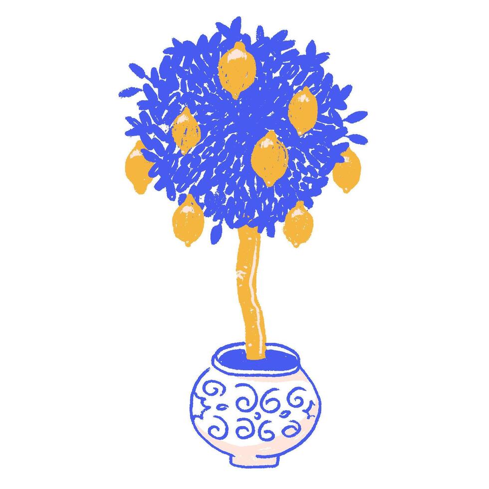 Lemon tree in naive summer style. Pencil textured hand drawn isolated illustration with lemons on a tree in a pot. vector