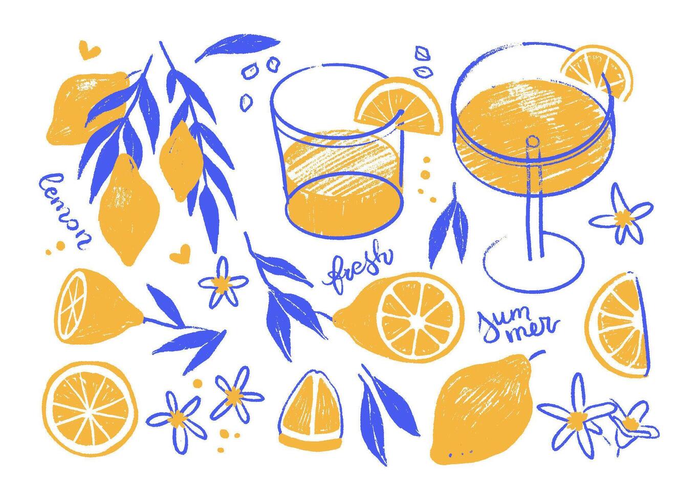Naive hand drawn delightful ripe lemons on a branch, individual elements, lemons, slices, leaves set. Hand drawn summer illustrations with pencil texture. clipart collection. 2 colors vector