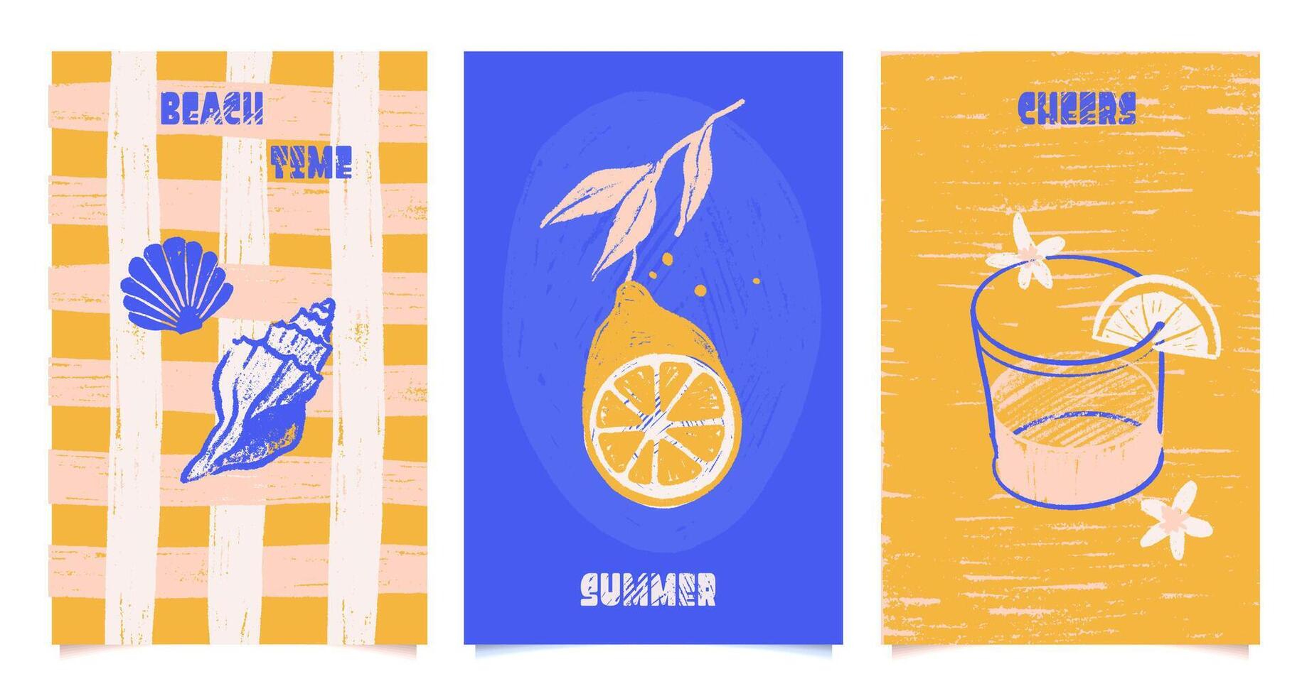 Amalfi summer cards set with Mediterranean lemon motifs in yellow and blue. Design elements fruit with leaves, geometric patterns with and pencil textured flat citrus drawings. Cute naive vector