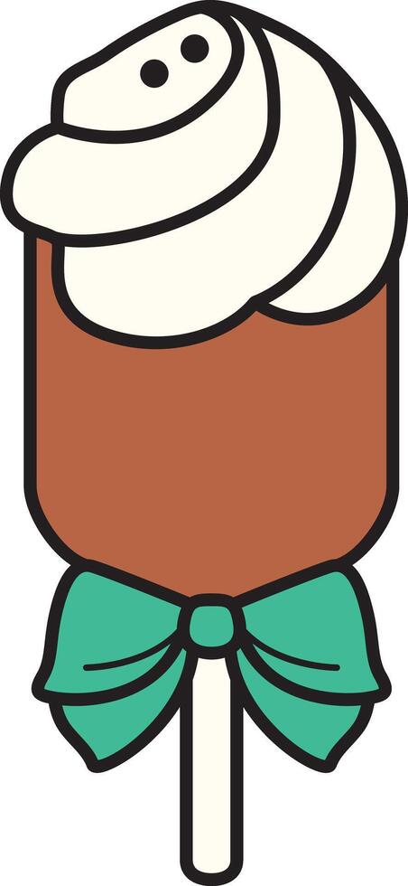 Cute chocolate swirl lollipop with cream topping and green bow. Fun and festive sweet treat illustration in flat cartoon style. vector