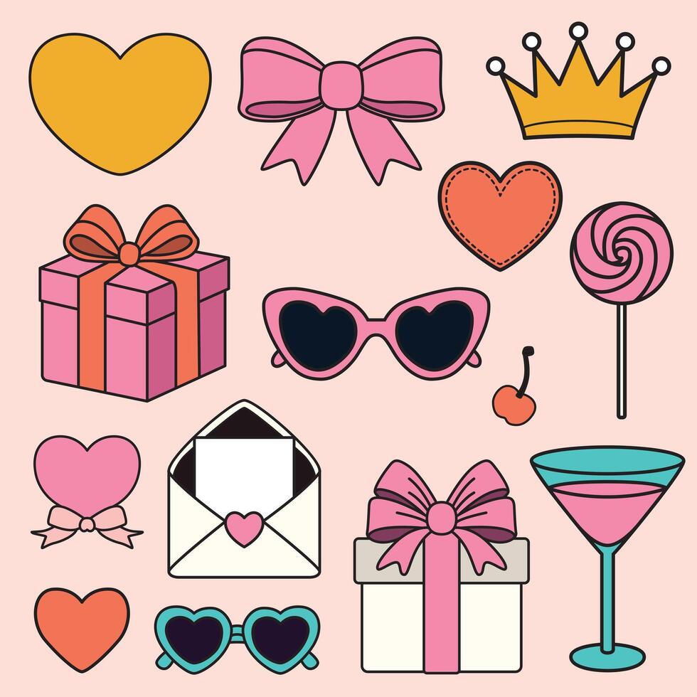 Playful flat-style collection featuring hearts, bows, presents, heart-shaped sunglasses, and cocktail glass. Perfect for love, Valentine's Day, and celebration themes. vector