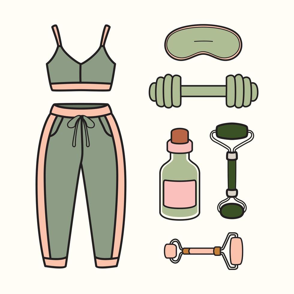 Stylized illustration set featuring activewear, dumbbell, jade rollers, oil bottle, and sleep mask in calm pastel tones. Perfect for wellness, fitness, and self-care themes. vector