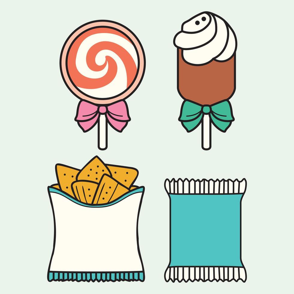 A colorful flat-style illustration set featuring a lollipop, chocolate ice cream with whipped cream, and a snack bag of chips. Great for food, sweets, and party designs. vector