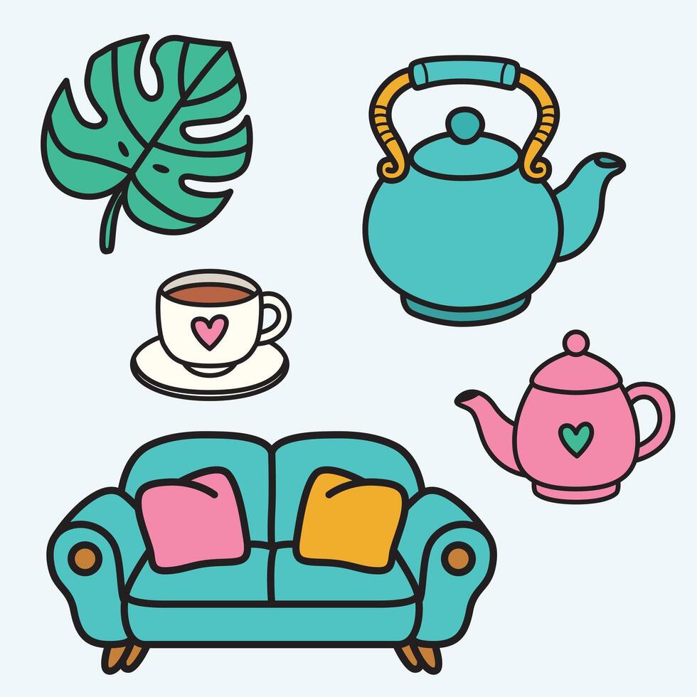 Whimsical collection of teapots, teacup, couch, and monstera leaf in playful style. Ideal for cozy lifestyle and home decor designs. vector