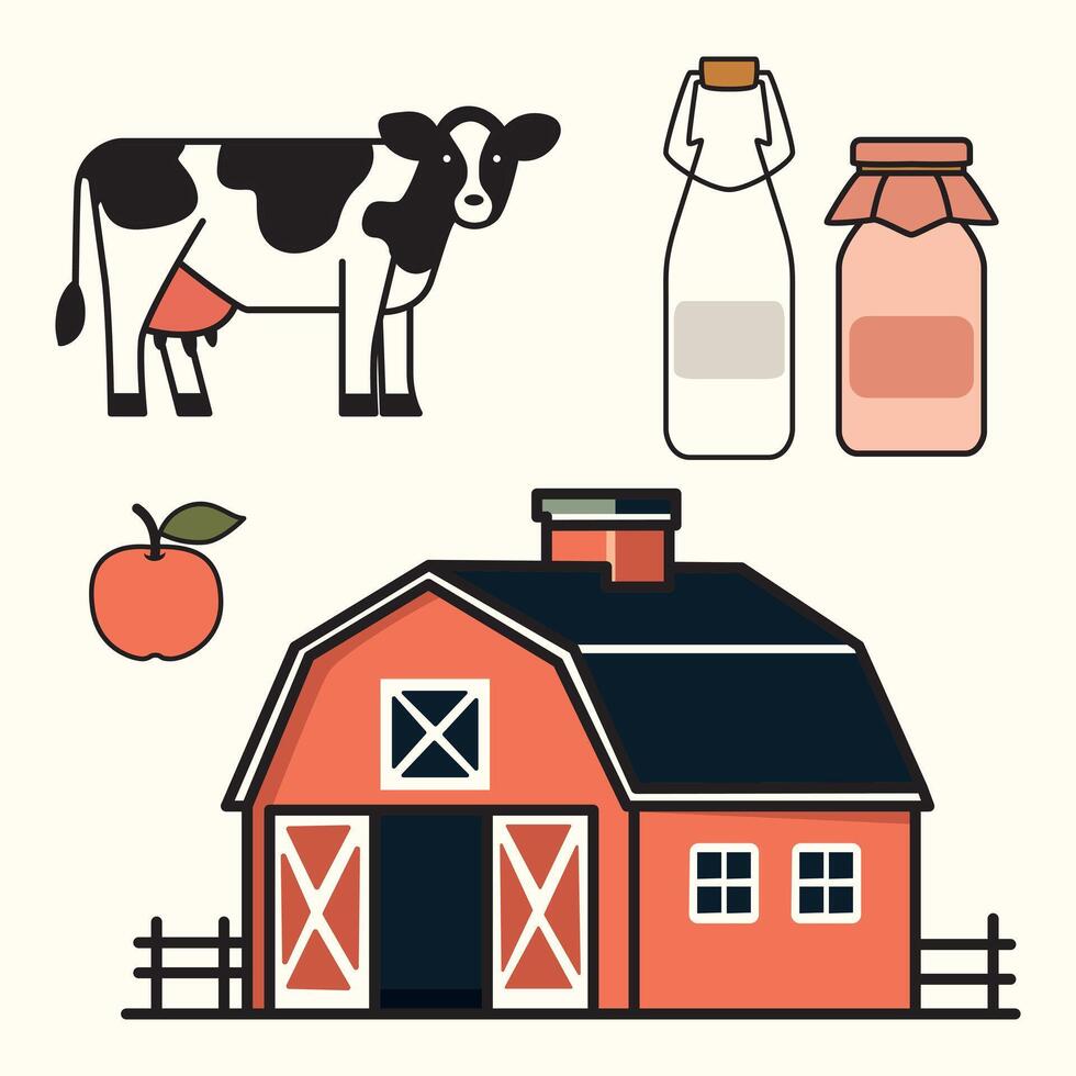 Charming flat-style set featuring a red barn, dairy cow, milk bottle, jam jar, and apple. Ideal for farm, agriculture, and country life themes. vector