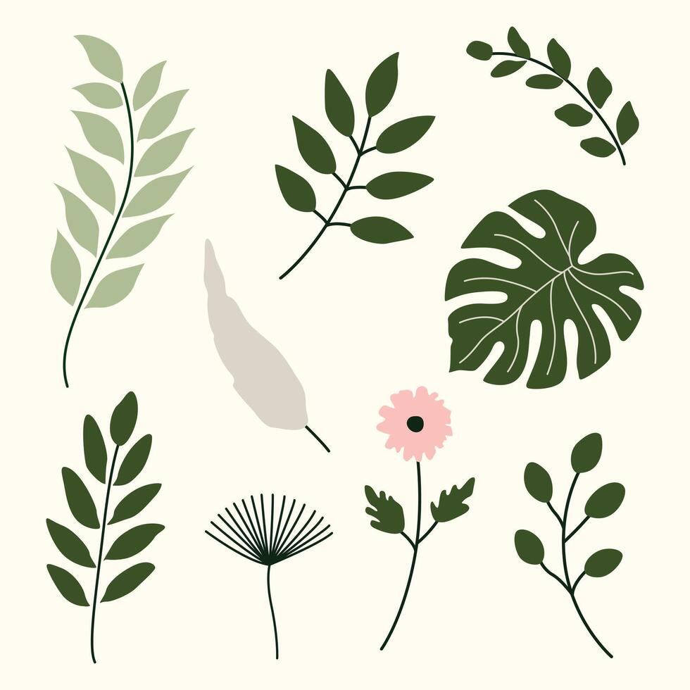 A modern collection of hand-drawn leaves and floral elements in soft earthy tones. Ideal for nature, wedding, botanical, or seasonal designs. vector