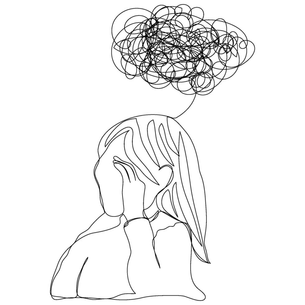Continuous line lady woman female girl not OK headache stress depress unhappy minimal hand drawn. vector