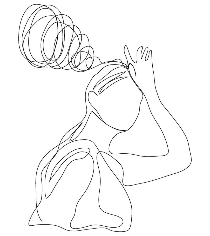 Hand drawn art headache stress depress unhappy woman female lady girl continuous line decor. vector