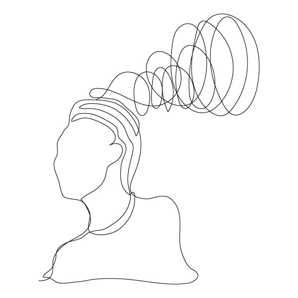 Line art of man male boy act not OK headache stress depress unhappy minimal continuous line. vector