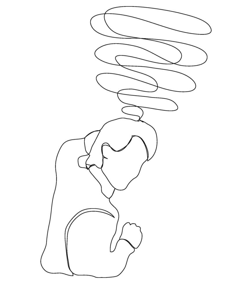 Line art with stress not OK headache depress unhappy man male or boy minimal style. vector