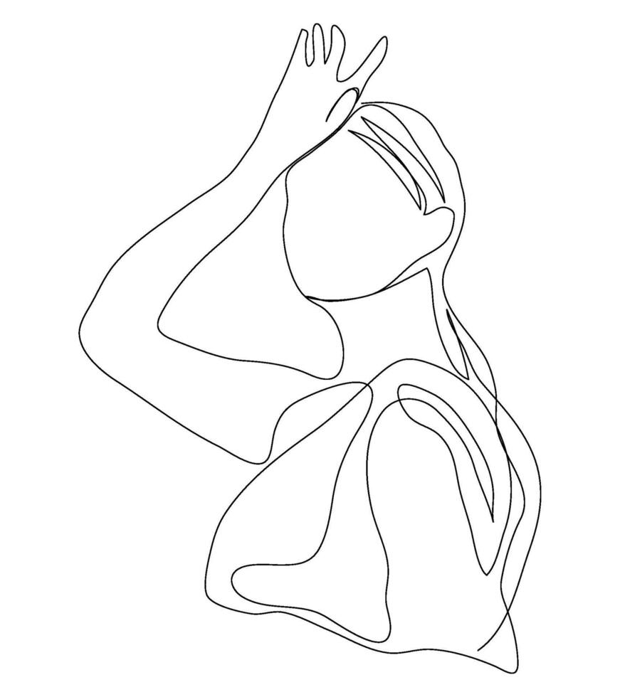 Minimal continuous line headache stress depress unhappy woman female lady girl hand drawn sketch. vector