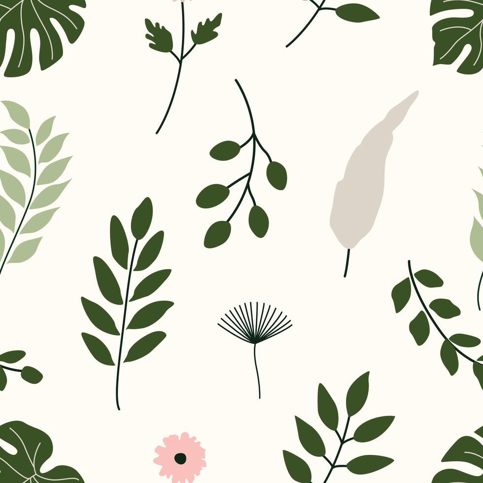 Minimal botanical design featuring various green leaves and soft floral elements on a light background with a clean, natural look. vector