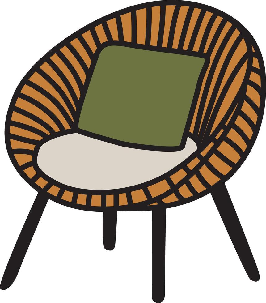 Cartoon-style rattan chair with a green cushion and beige seat. Minimal, modern, and cozy design ideal for home decor and furniture illustrations. vector