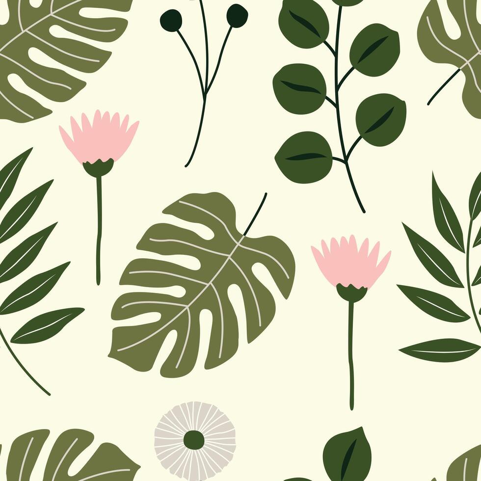 Tropical botanical pattern with green monstera leaves, soft pink flowers, and foliage elements on a light background in a clean, modern style. vector