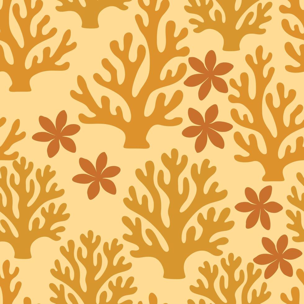 Colorful seamless pattern of coral branches and tropical flowers in warm tones. Great for ocean-themed designs, summer fabrics, and nature-inspired backgrounds. vector