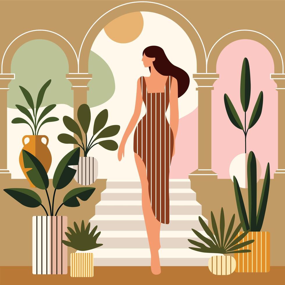 Elegant woman walking through arched architecture with lush potted plants, wearing a striped dress in a warm, minimalist Mediterranean setting. vector