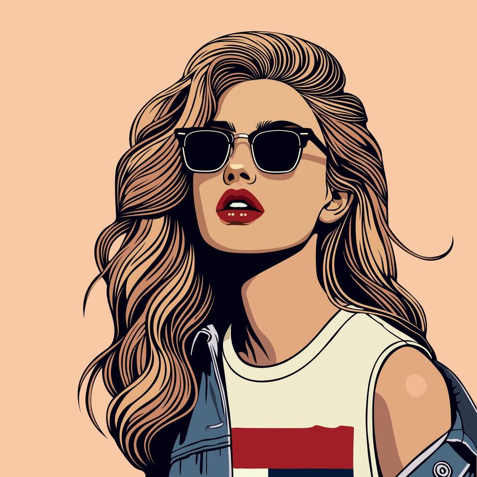 Trendy pop-art style illustration of a fashionable woman with long wavy hair, sunglasses, and bold red lips. Cool, confident, and stylish for fashion and lifestyle themes. vector