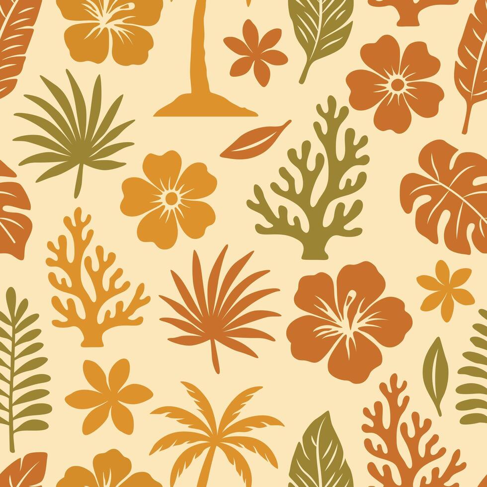 Seamless tropical pattern with palm trees, leaves, coral, and exotic flowers in warm earthy tones. Ideal for summer-themed designs, textiles, and vacation graphics. vector