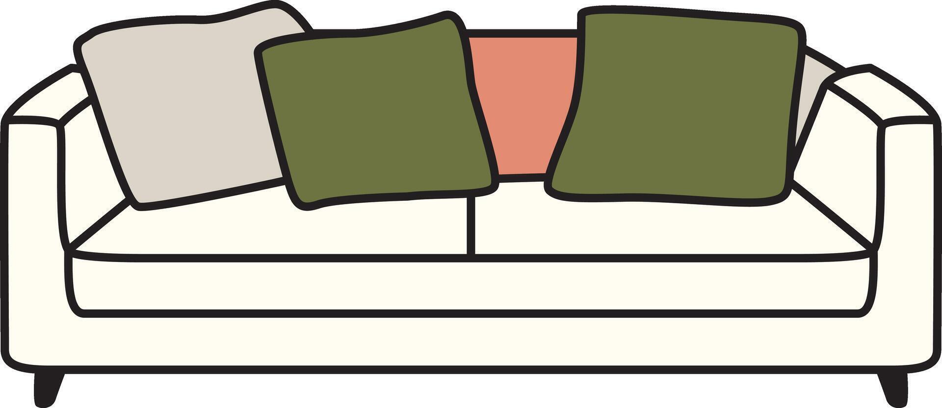 Simple cozy sofa with colorful pillows in earthy tones. Modern flat-style design perfect for home interior, furniture, or decor concepts. vector