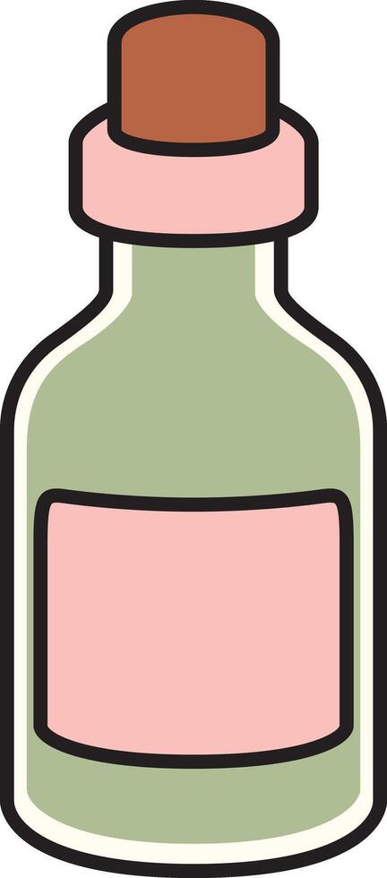Simple cartoon-style skincare or serum bottle with a pink label and brown cap. Ideal for beauty, wellness, and cosmetic-themed illustrations. vector