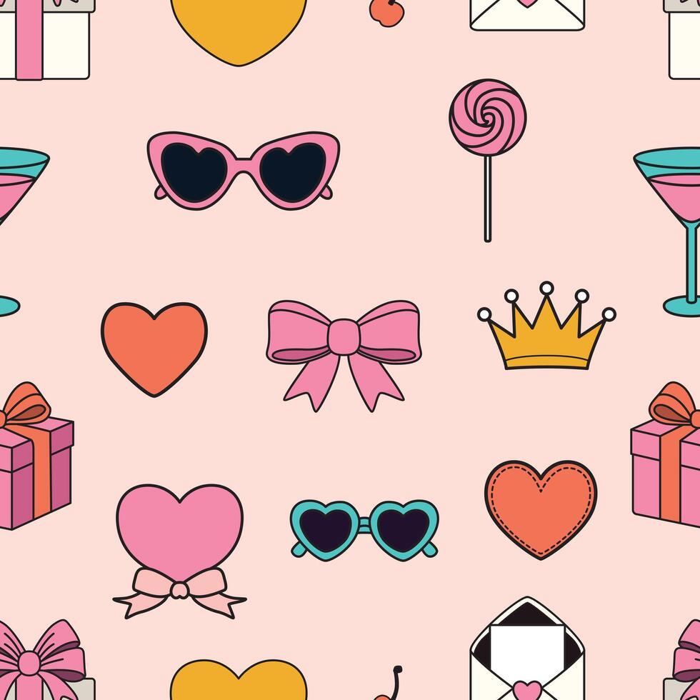 Cute girly icons with bows, hearts, sunglasses, gifts, and crowns on a soft pink background in a playful, colorful style. vector