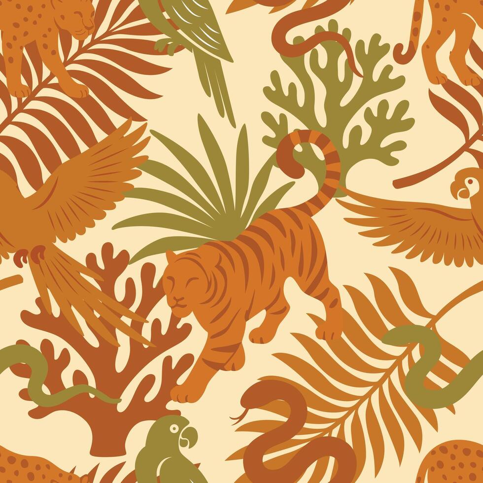 Seamless jungle pattern featuring tigers, leopards, snakes, parrots, and tropical foliage in earthy tones. Perfect for wild nature-themed projects and fabric prints. vector