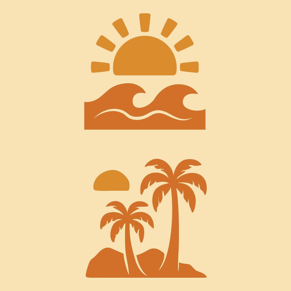 Minimal tropical sunset and island scene silhouettes with waves, sun, and palm trees. Perfect for summer, beach, and travel-themed designs. vector