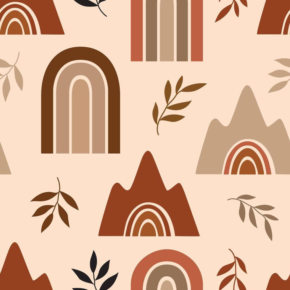 Modern abstract design with boho rainbows, mountains, and leaves in warm earthy tones on a neutral background. vector
