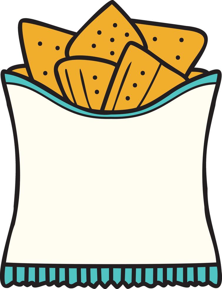 Fun illustration of an open snack bag filled with tortilla chips. Flat cartoon style with bold lines, perfect for food-themed projects. vector